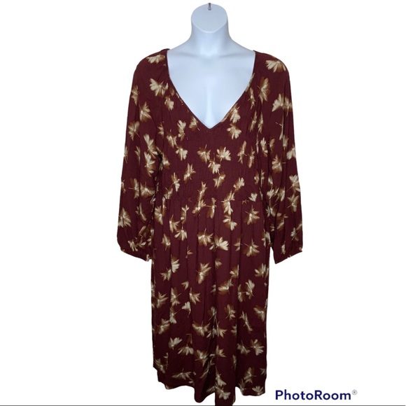 Ava & Viv Size 2X Dress Rust Brown SMOCKED FLORAL MIDI DRESS Long Sleeve V Neck - Picture 2 of 9